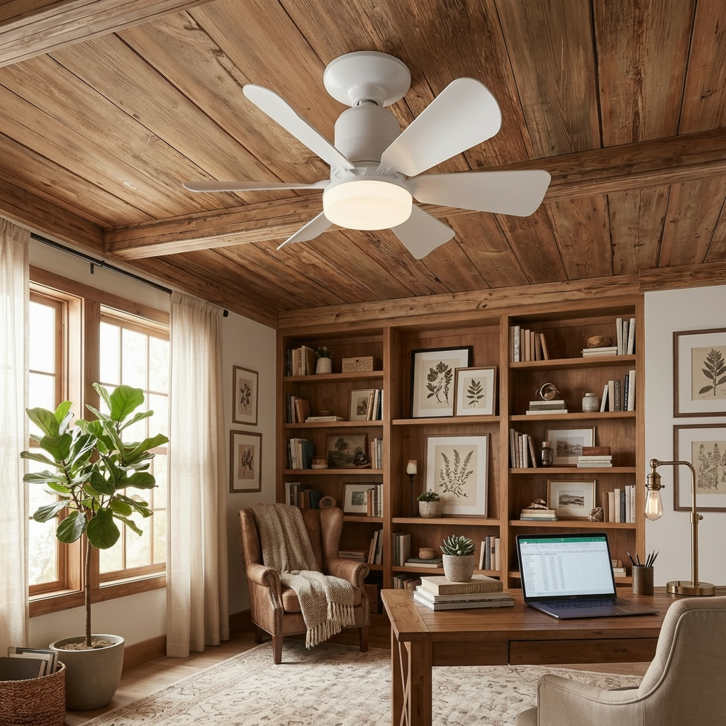 Nylumia Classic — plafonnier ventilateur LED blanc, pales déployées, vue de face