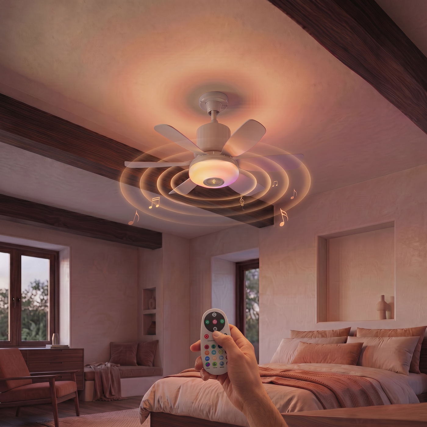 Ventilateur de plafond LED RGB Nylumia avec enceinte Bluetooth intégrée, ambiance chaleureuse, télécommande en main — visuel produit carré