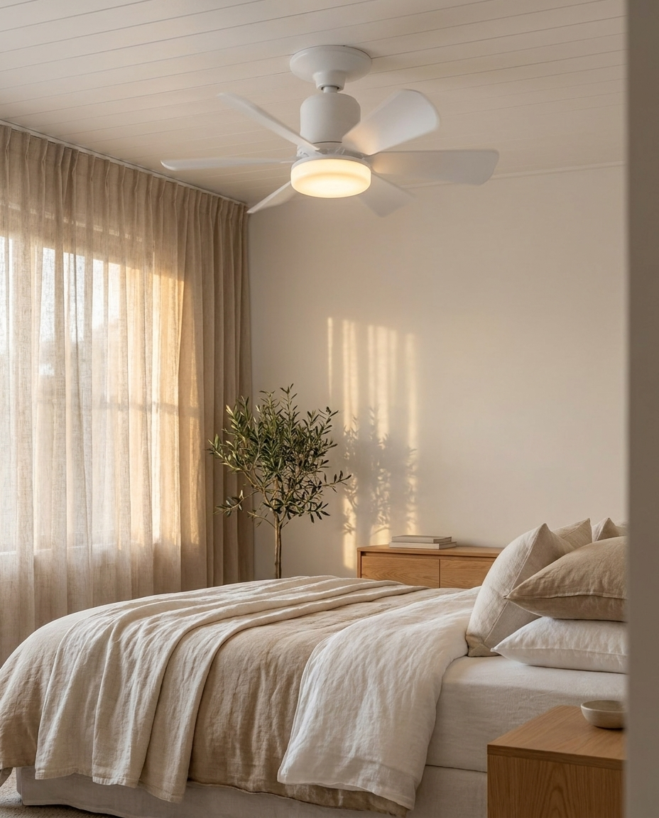 Nylumia Classique™ — plafonnier ventilateur LED en situation dans un intérieur moderne