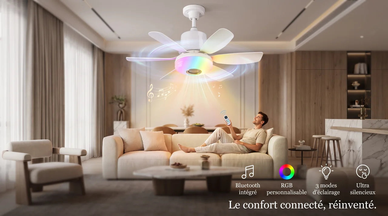 Nylumia RGB Bluetooth™ — plafonnier ventilateur LED RGB avec enceinte Bluetooth intégrée